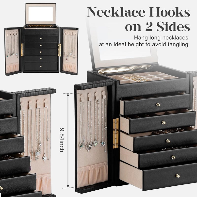 Dajasan Large Jewelry Organizer Box with 5 Drawers, Jewelry Box for Women, 6-Tier Jewelry Storage Organizer with Mirror for Necklace Ring Bracelet Watch, Gift Idea (Black) - Image 2